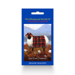 Fridge Magnet Sheep with ginger hair standing on a hill overlooking the water and mountains