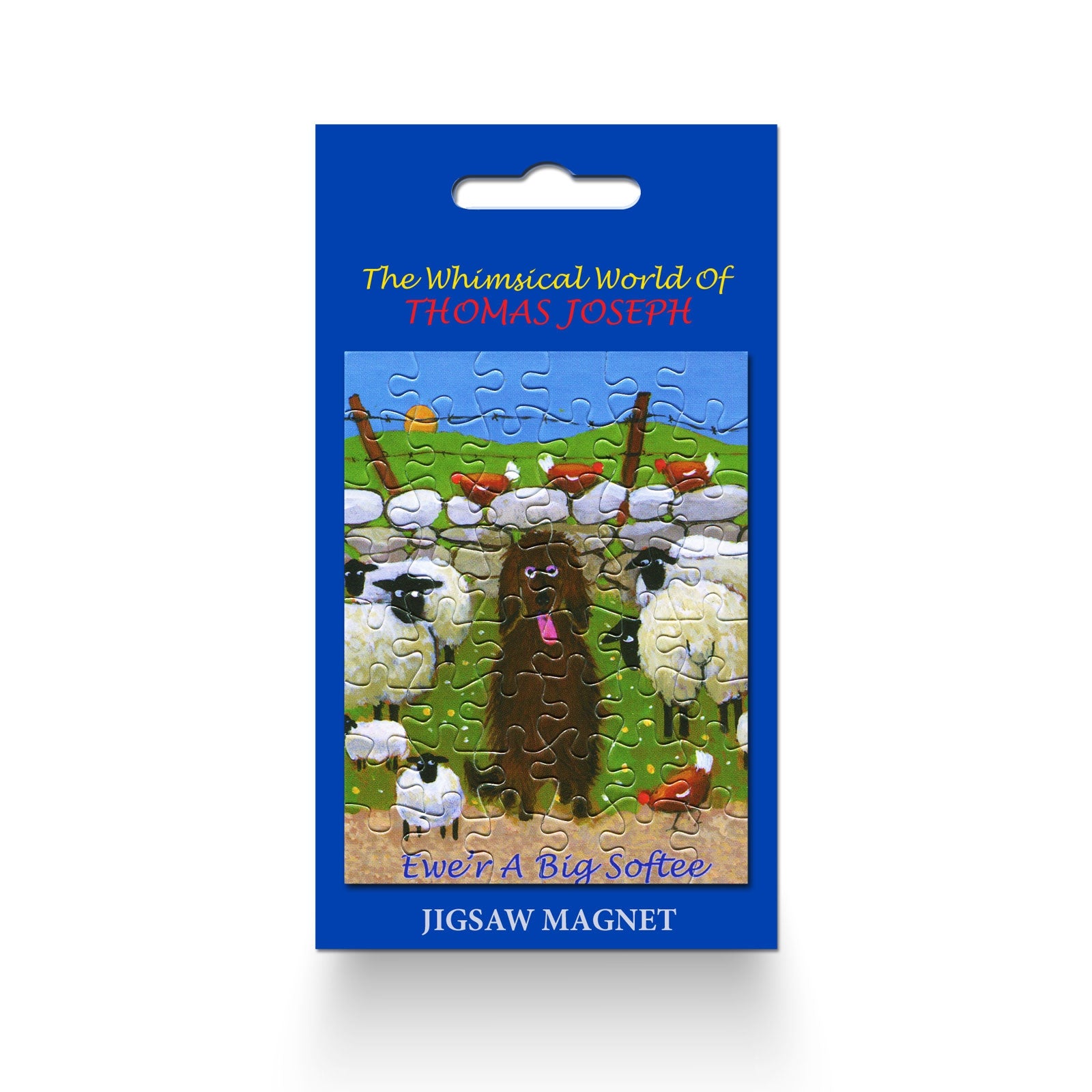 Fridge Magnet dog with its tongue ticking out sitting in front of a wall with sheep on it