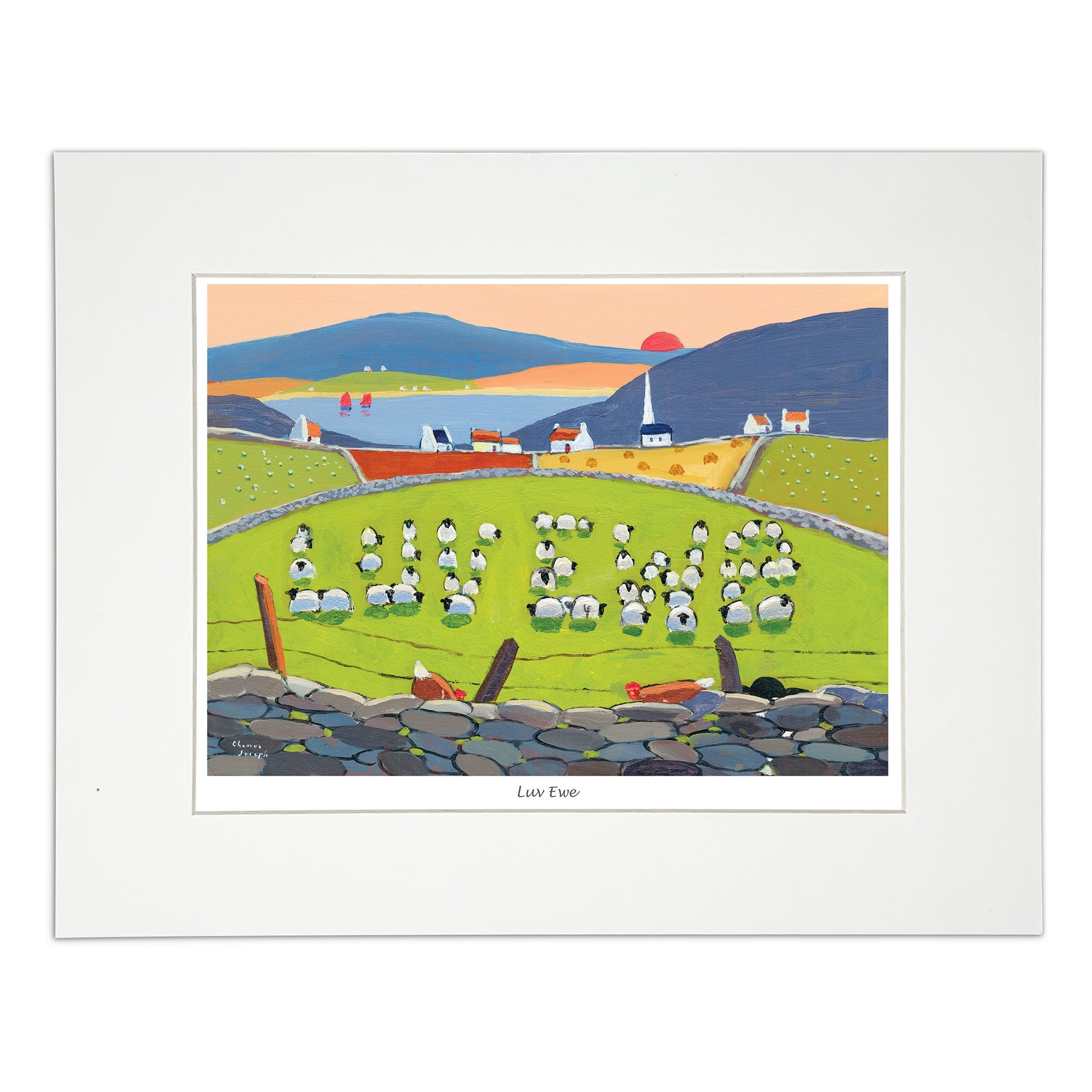 Mounted print hens watching sheep in a field
