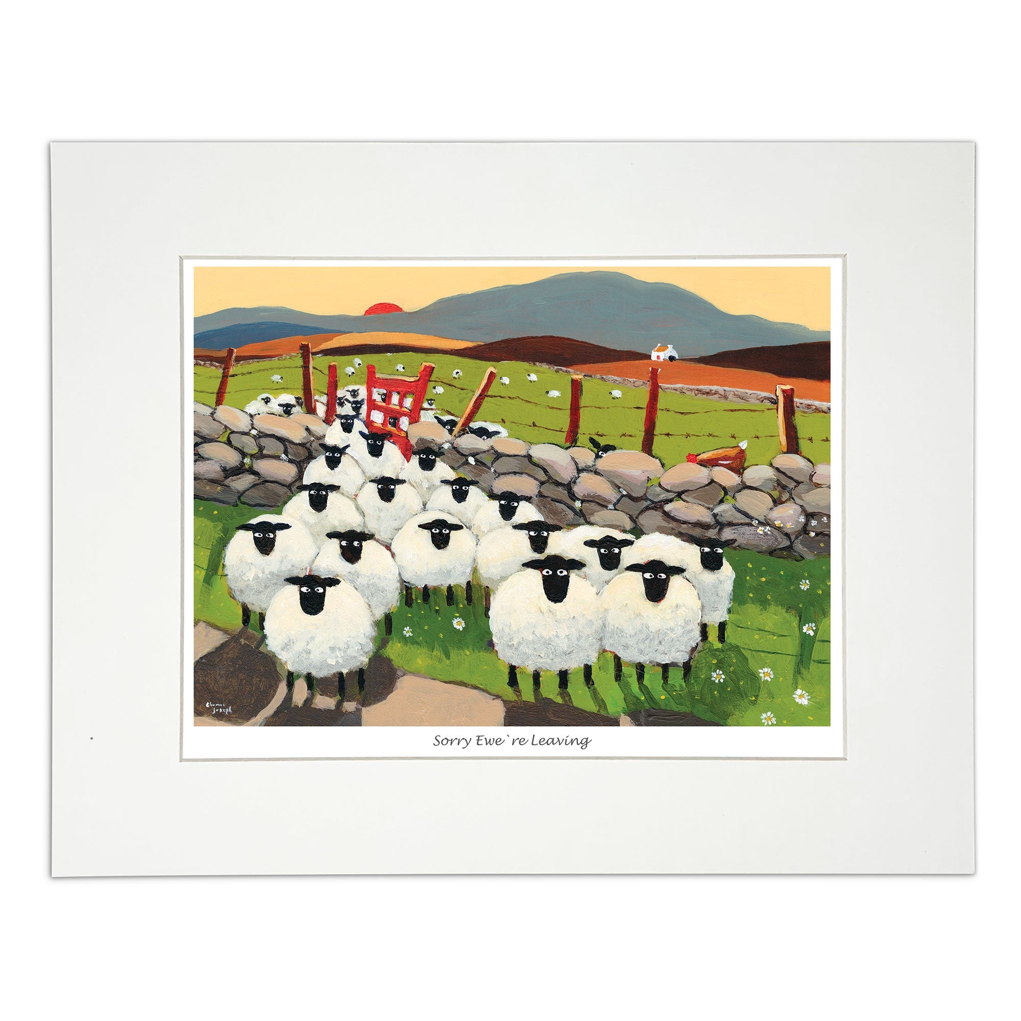 Painting sheep opening red gate to get out of field