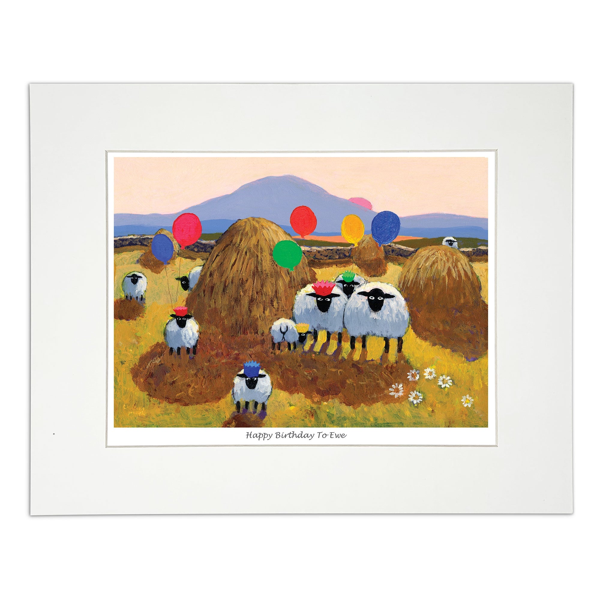 Painting sheep having fun with their balloons