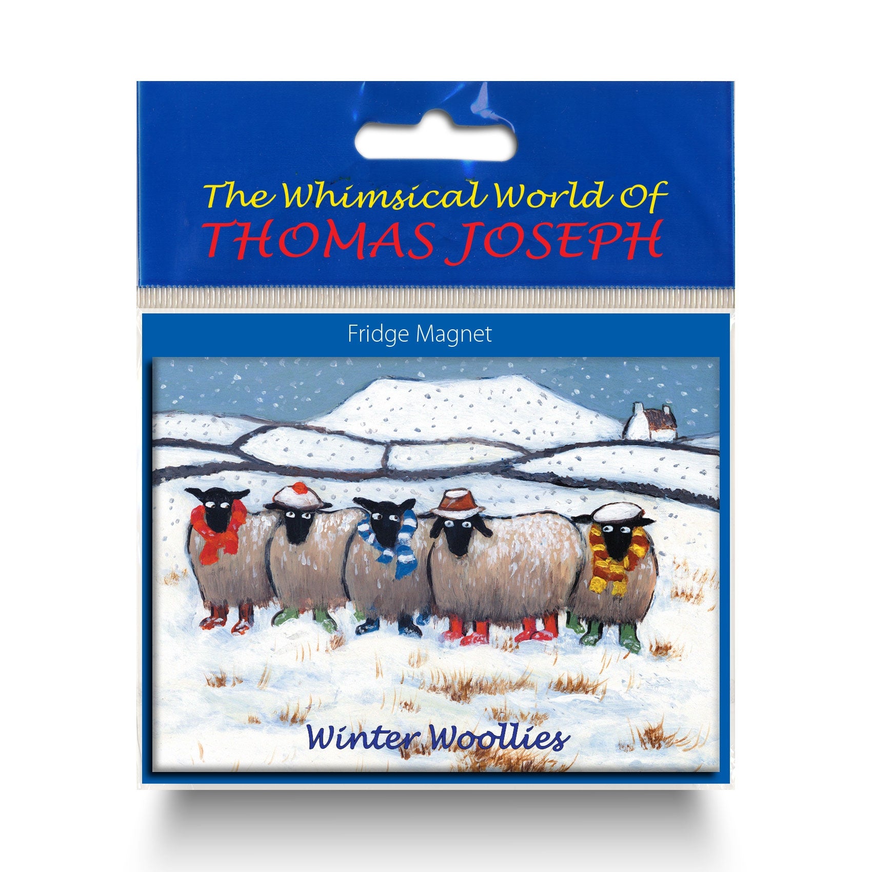 Refrigerator magnet with sheep huddled together in the snow