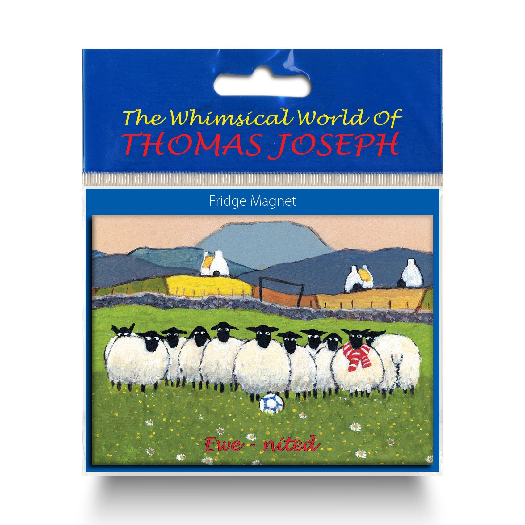 Refrigerator magnet with sheep wearing a scarf with Man United colours on it