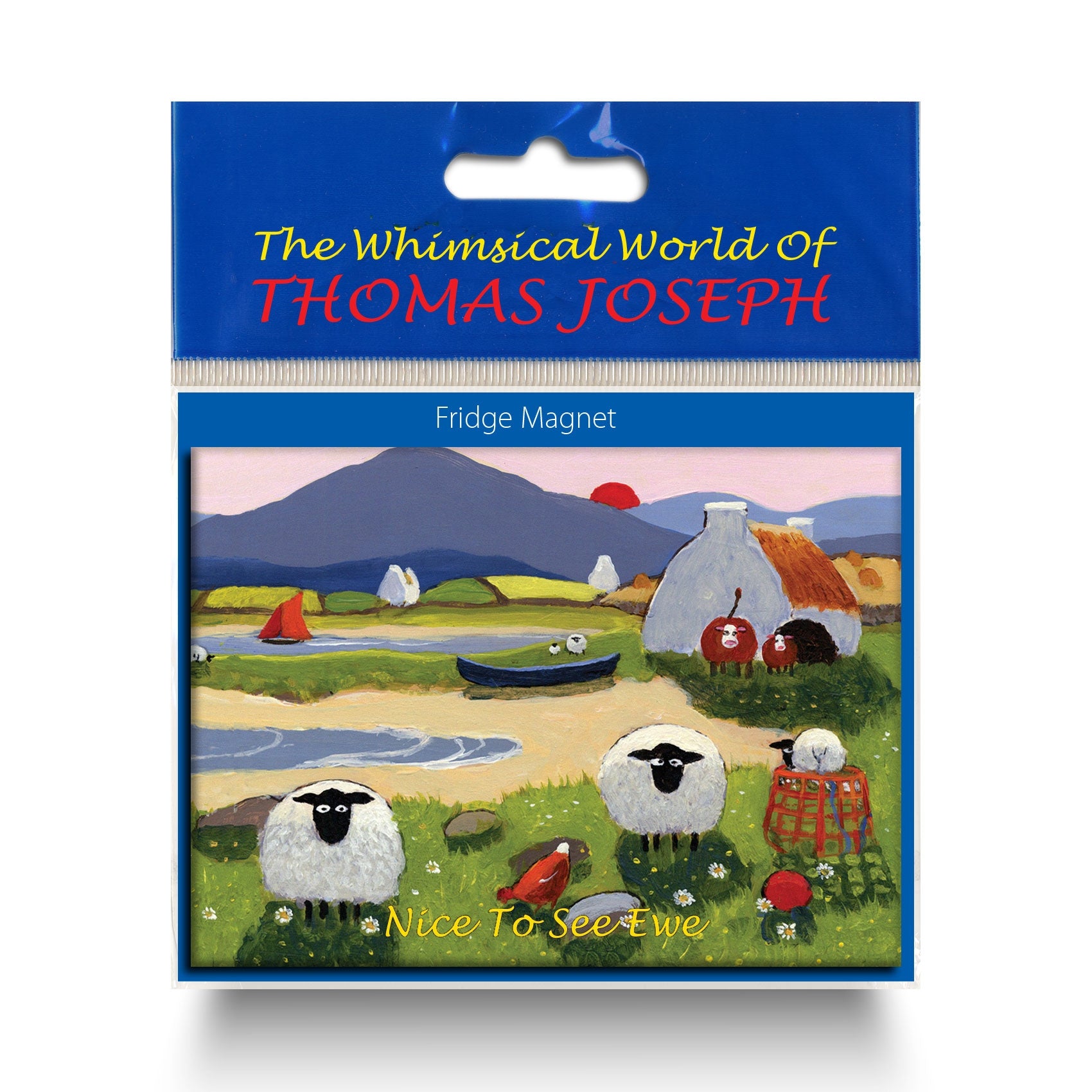 Refrigerator magnet with sheep, hens and cows at the sandy beach