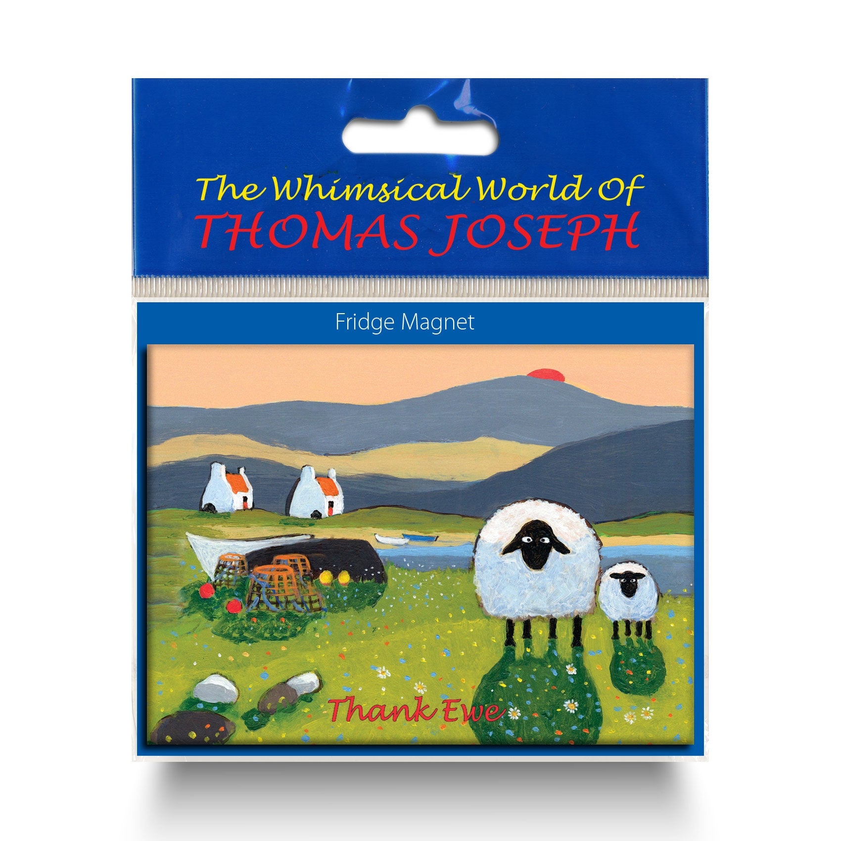 Refrigerator magnet with sheep standing next to lamb on some grass