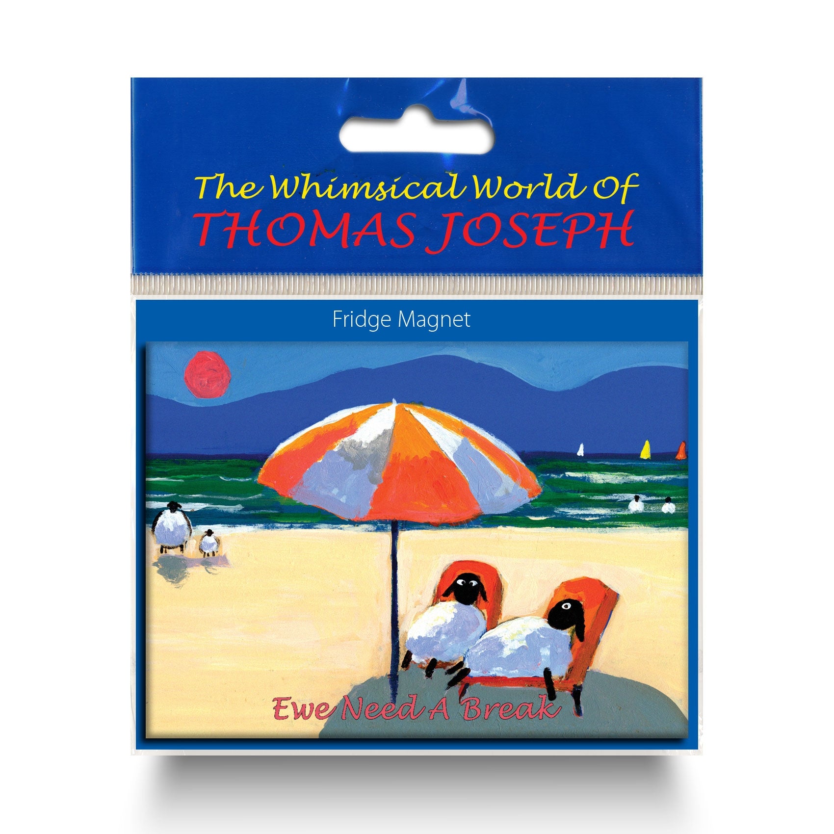 Refrigerator magnet showing sheep on a sunny day taking shade under an umbrella