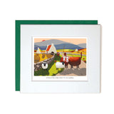 Notecard farm animals in the middle of a road talking to each other