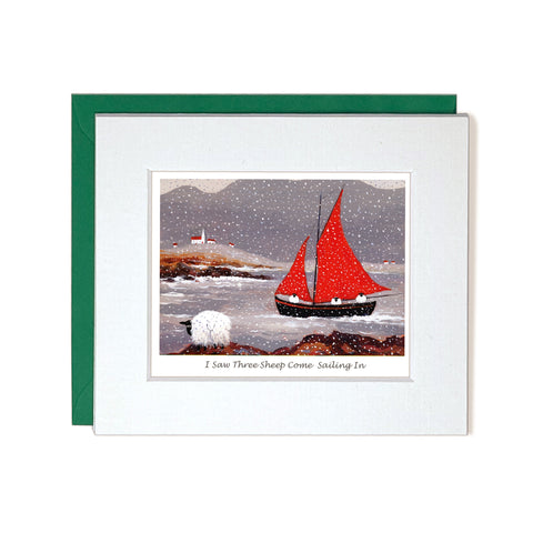Notecard sheep sailing their boat in rough waters