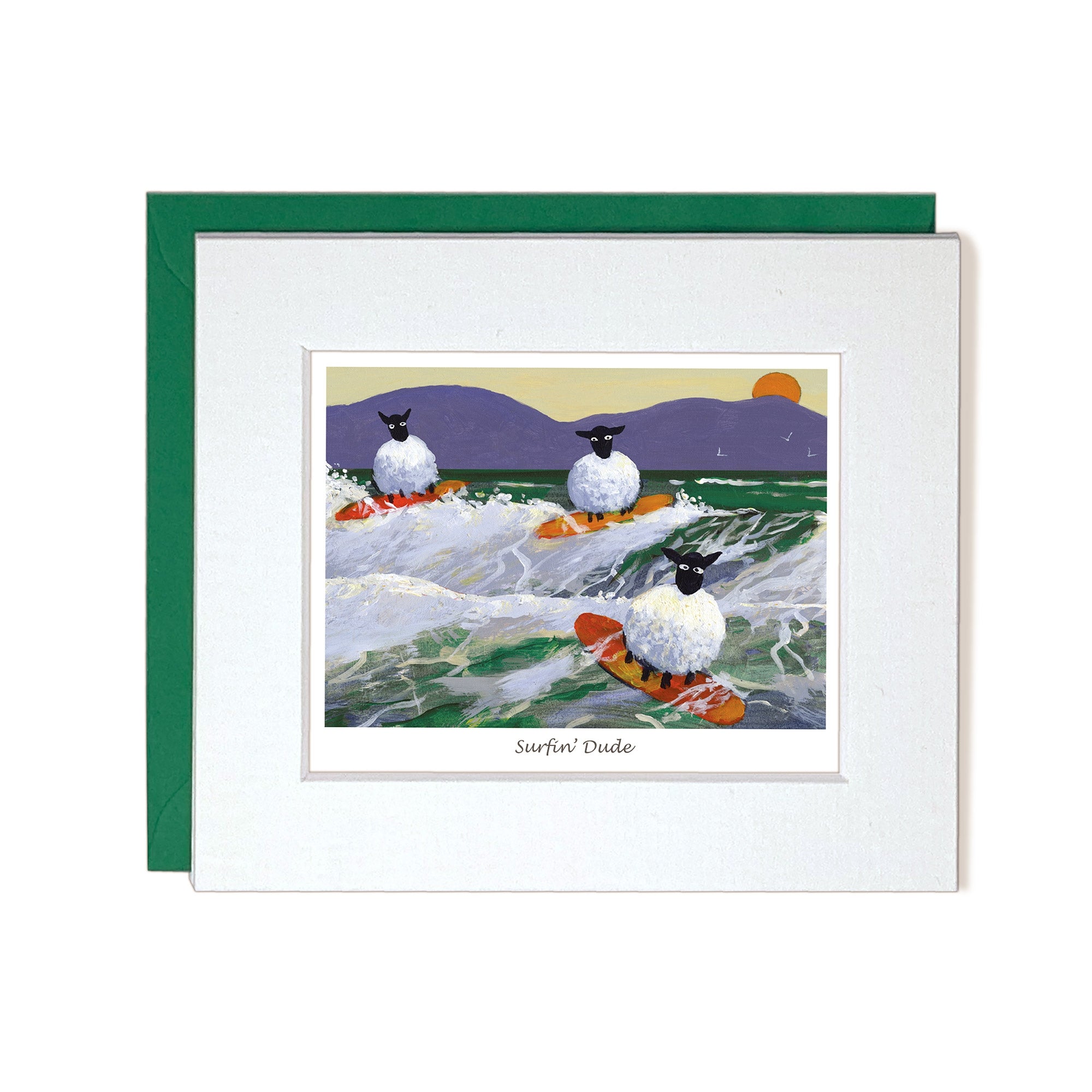 Card with mount three sheep surfing