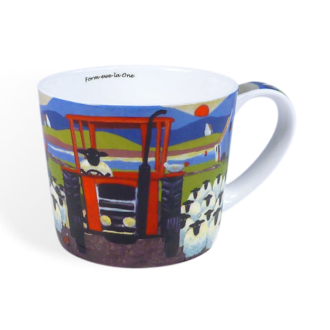 Ceramic mug showing a sheep driving a tractor
