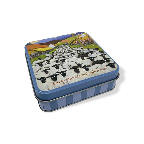 Beautiful sheep in a rush themed gift tin