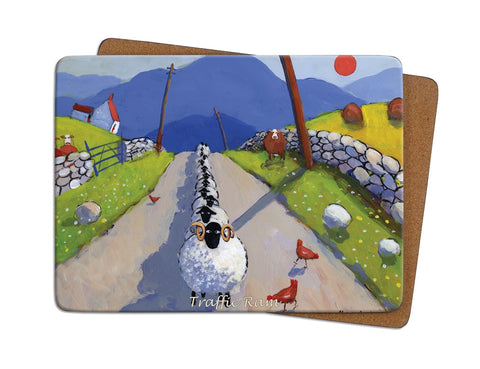 Beautiful Cork backed Coaster showing sheep in the middle of a country road.