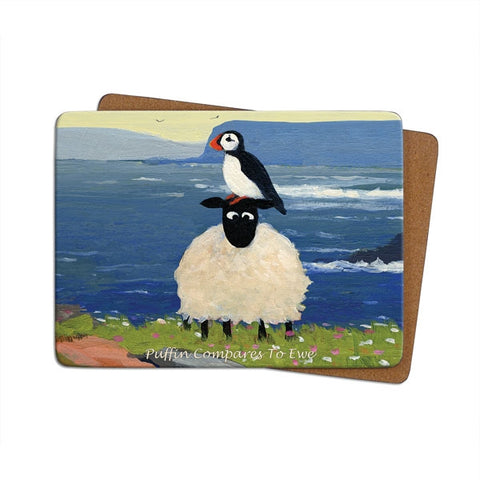 Cork backed coaster with an image of a puffin sitting on a sheep's head.