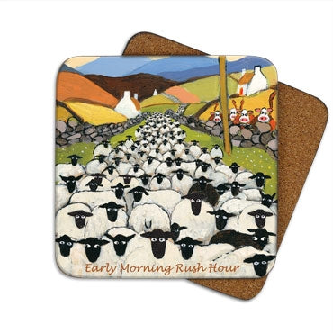 Beautiful Cork-Backed Coaster showing sheep rushing down a busy country lane.