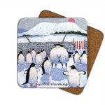 cork-backed coaster showing a sheep in a snowy field surrounded by penguins