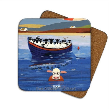 Beautiful Cork Backed Coaster showing a cow swimming in the sea with a boat full of sheep in the background.