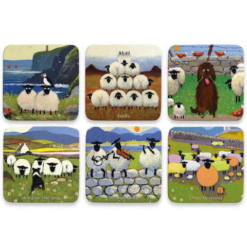 Set of six coasters of humorous sheep