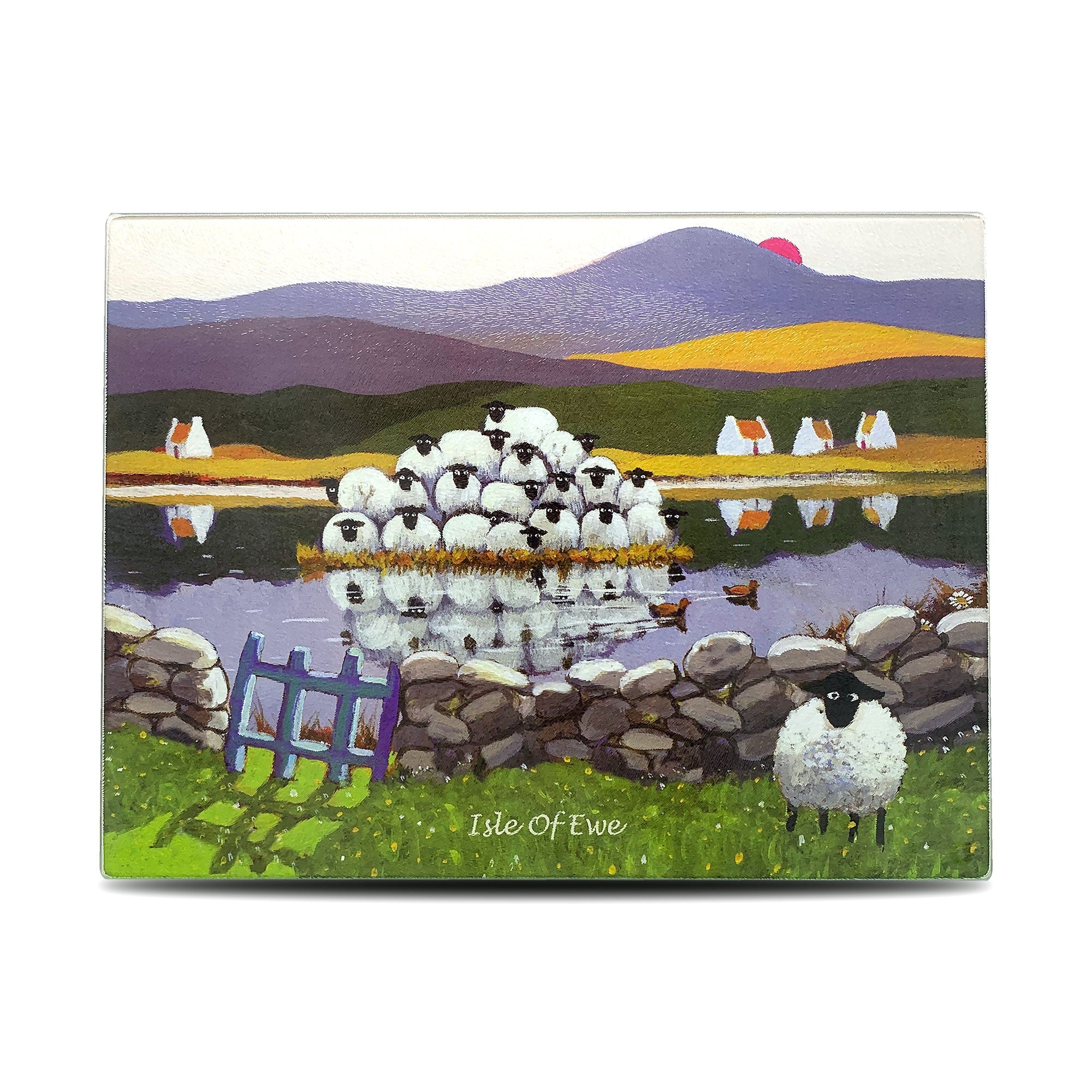 Cutting board with sheep stuck on an island surrounded by water