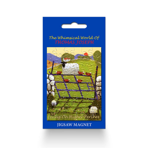 Fridge Magnet sheep sitting on a gate to the field with a bunch of chickens