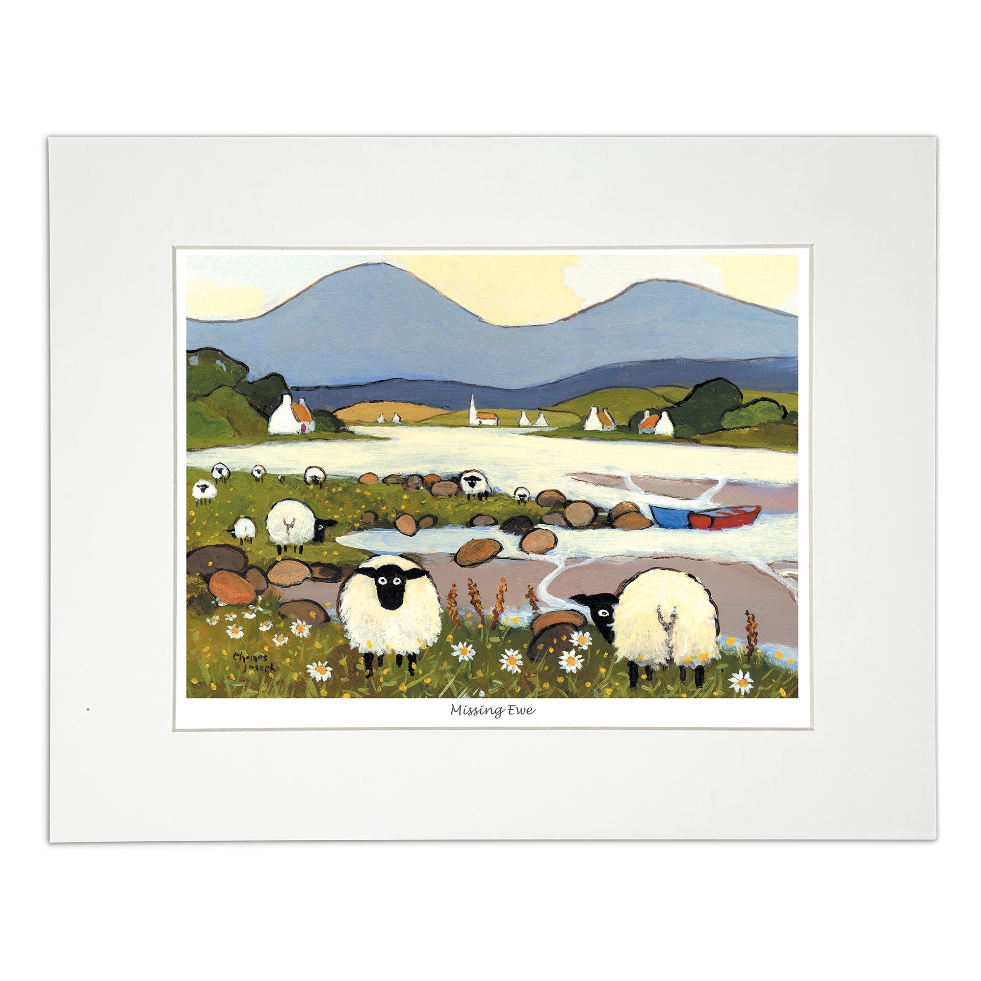 Painting sheep with boats next to water
