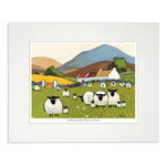 Mounted print sheep with houses in the background with red and brown roofs