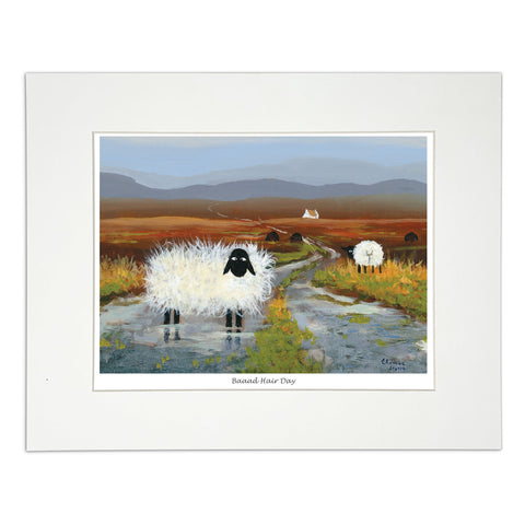 Mounted print sheep standing on road with funny haircut