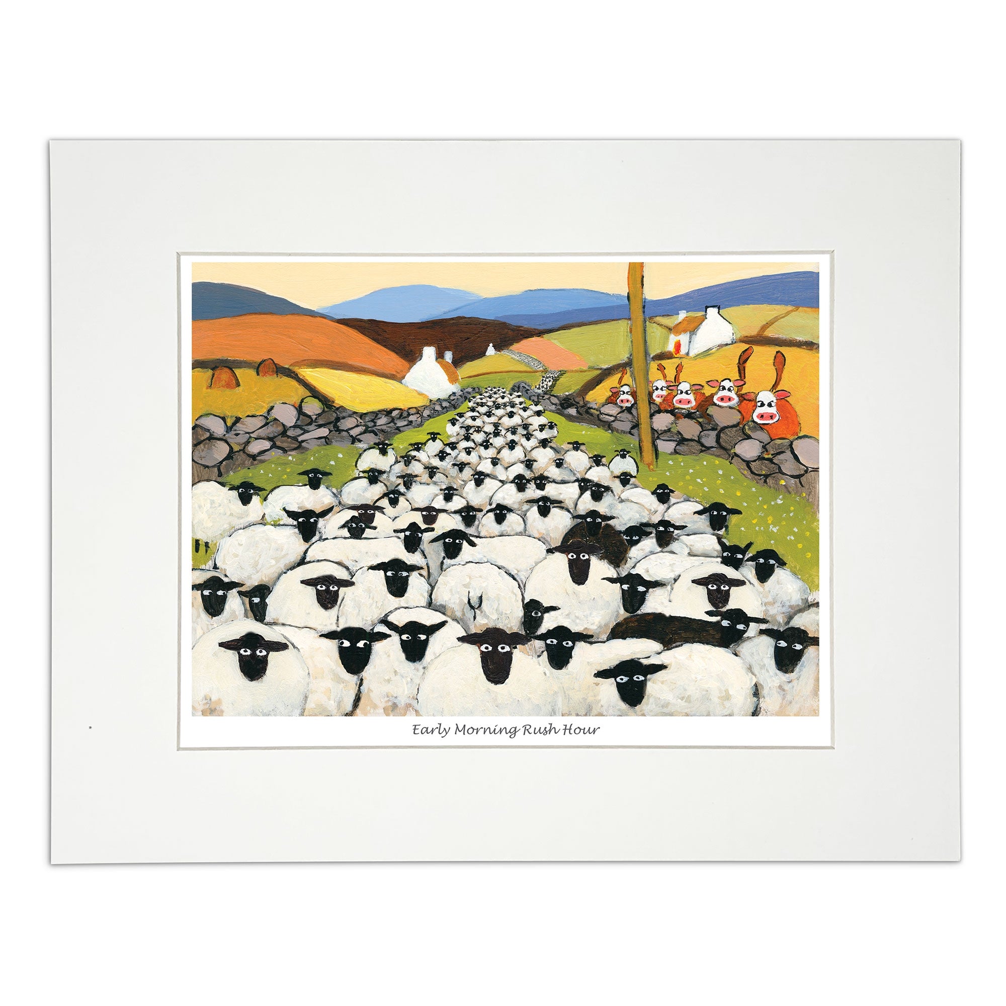 Painting sheep crowded on narrow road