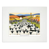 Painting sheep crowded on narrow road