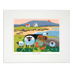 Mounted print sheep and hens playing at the beach