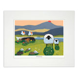 Wall art sheep with thatch houses in the background