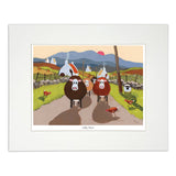 Mounted print chickens crossing the road in front of cows