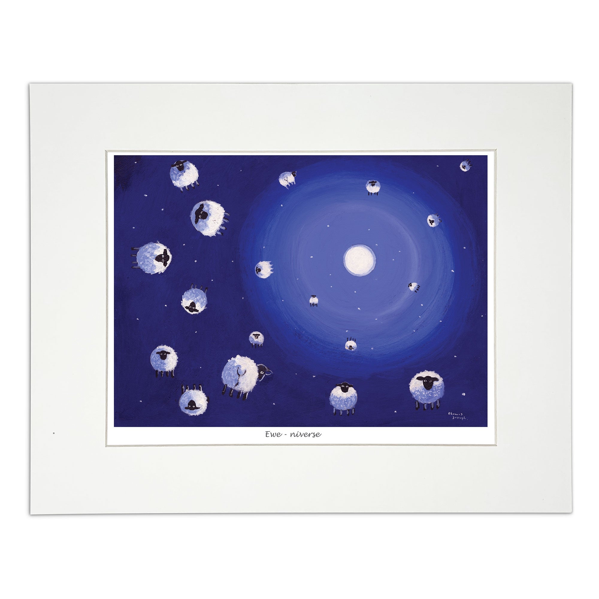 Painting sheep orbiting the moon