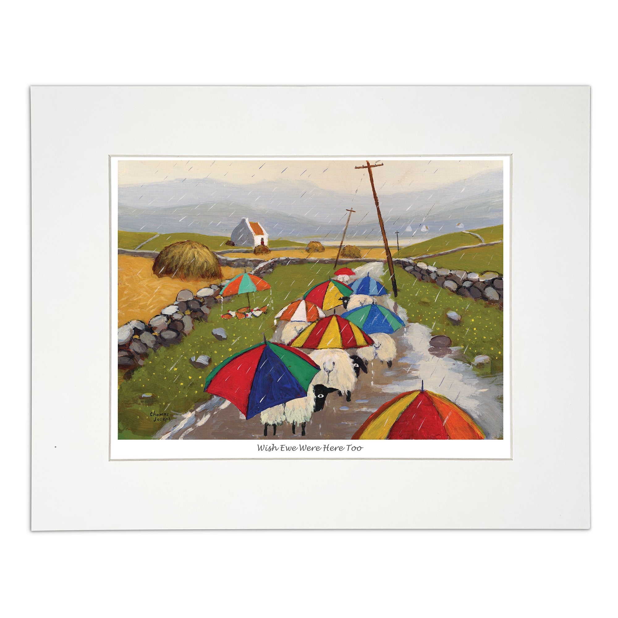 Wall art sheep using umbrellas in the rain