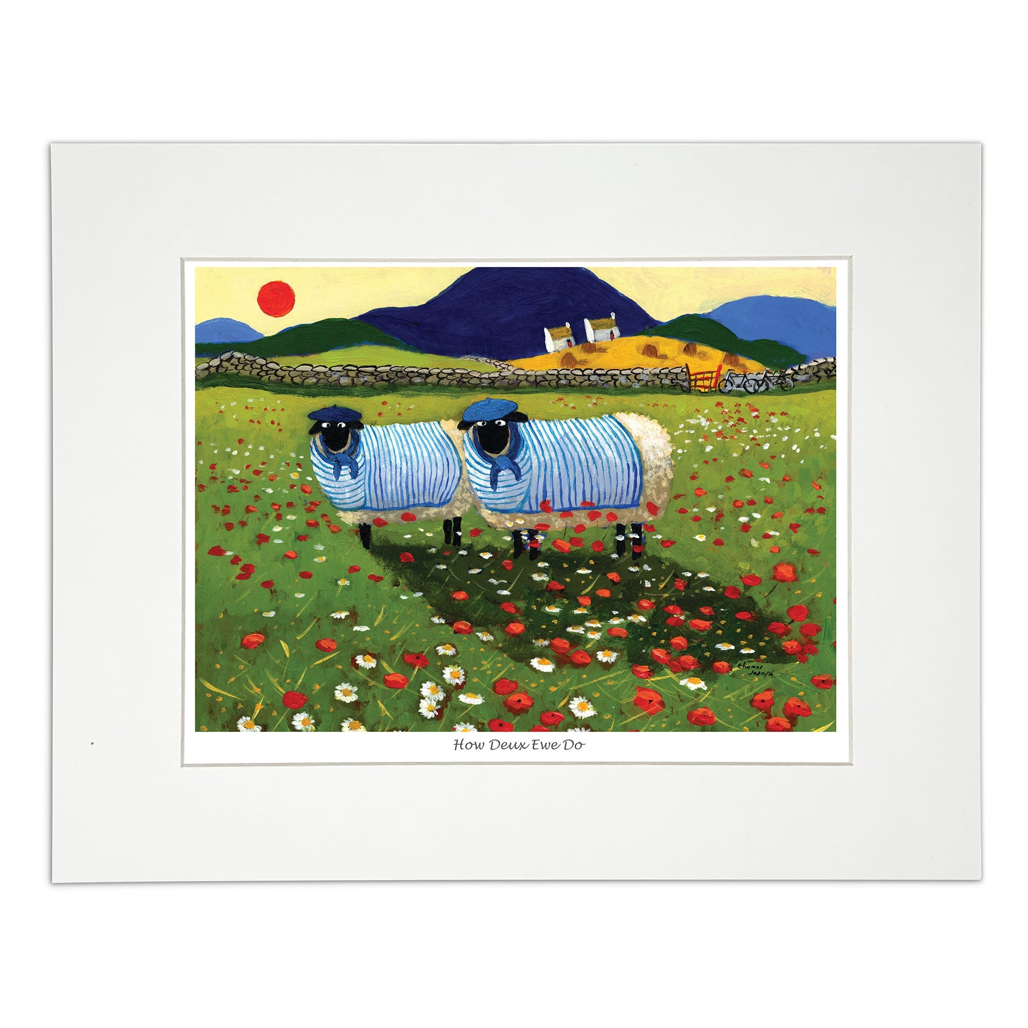 Painting sheep surrounded by roses and daisies