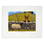 Canvas dry stone wall separating sheep and horse
