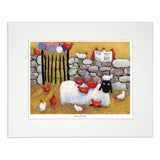 Painting sheep with hens sitting on its back and head