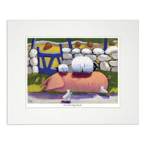 Painting sheep sitting on pig's back