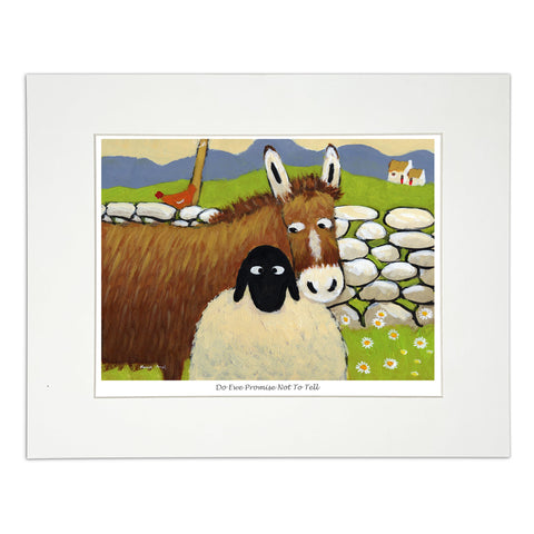 Mounted print Farm animals standing in front of dry stone wall