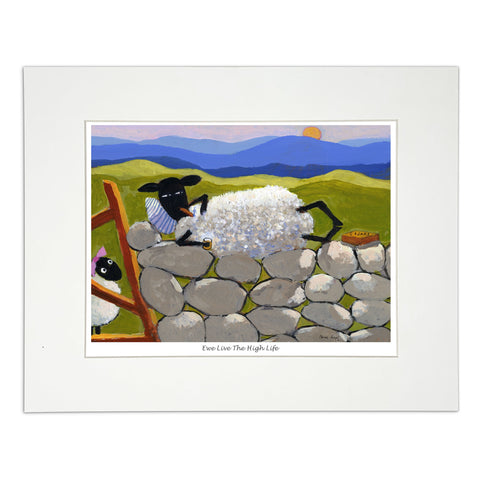 Painting sheep resting on a dry stone wall