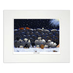 Mounted print sheep and hens resting in the snow