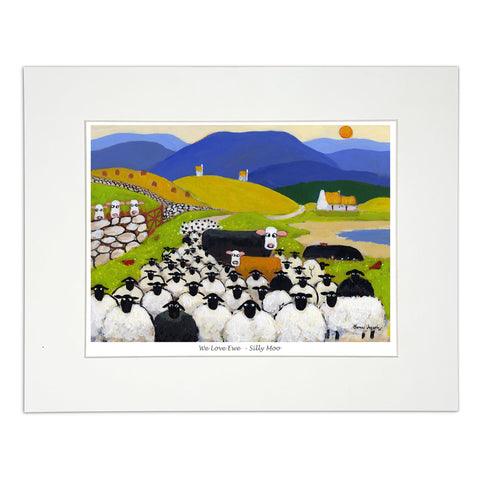 Painting sheep and cows walking on a road near a farm