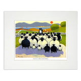 Mounted print sheep with their lambs guided by a sheep dog