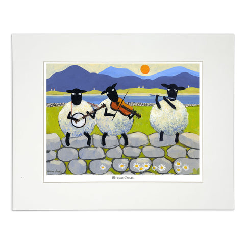 Painting sheep sitting on a dry stone wall