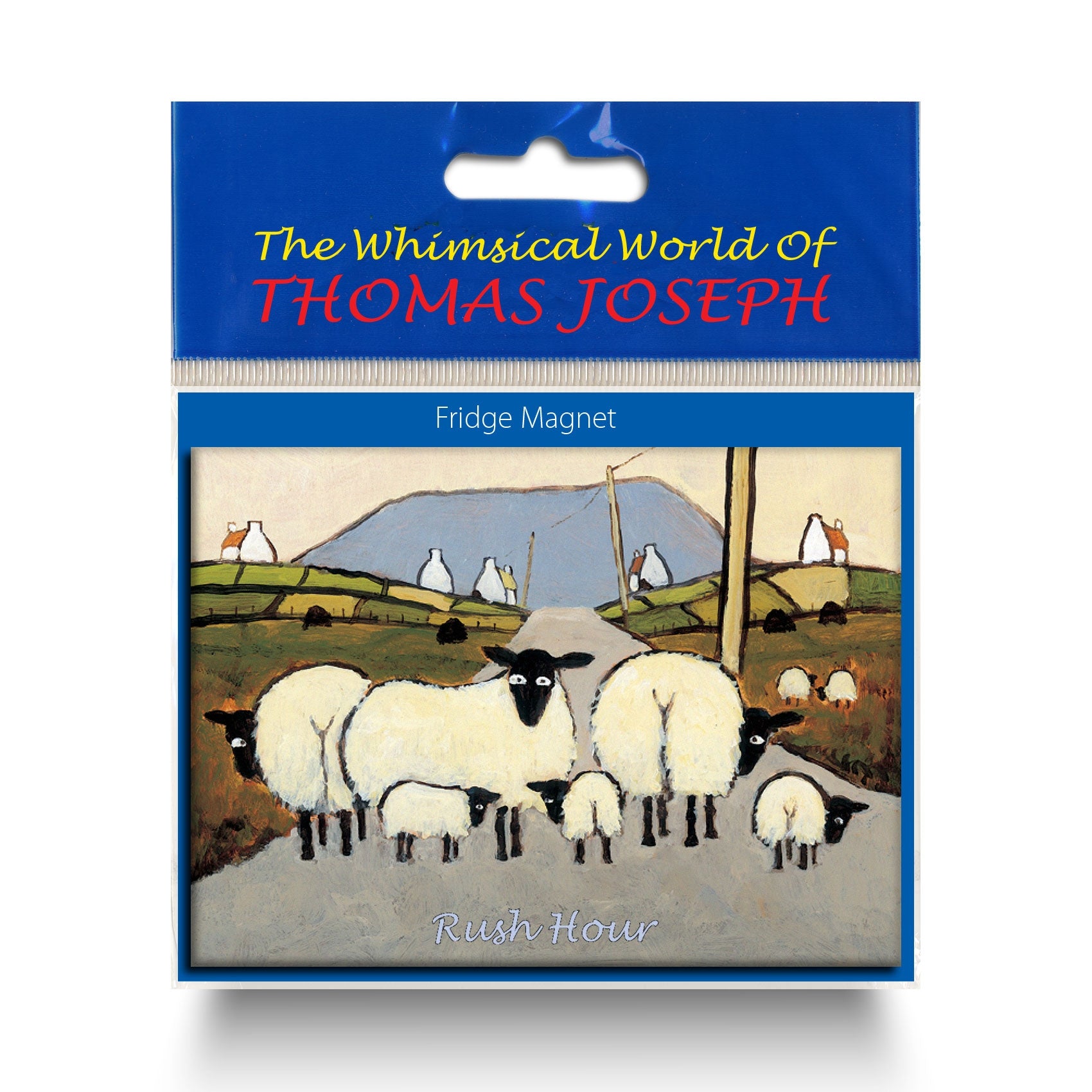 Refrigerator magnet showing sheep with their lambs on a country road.