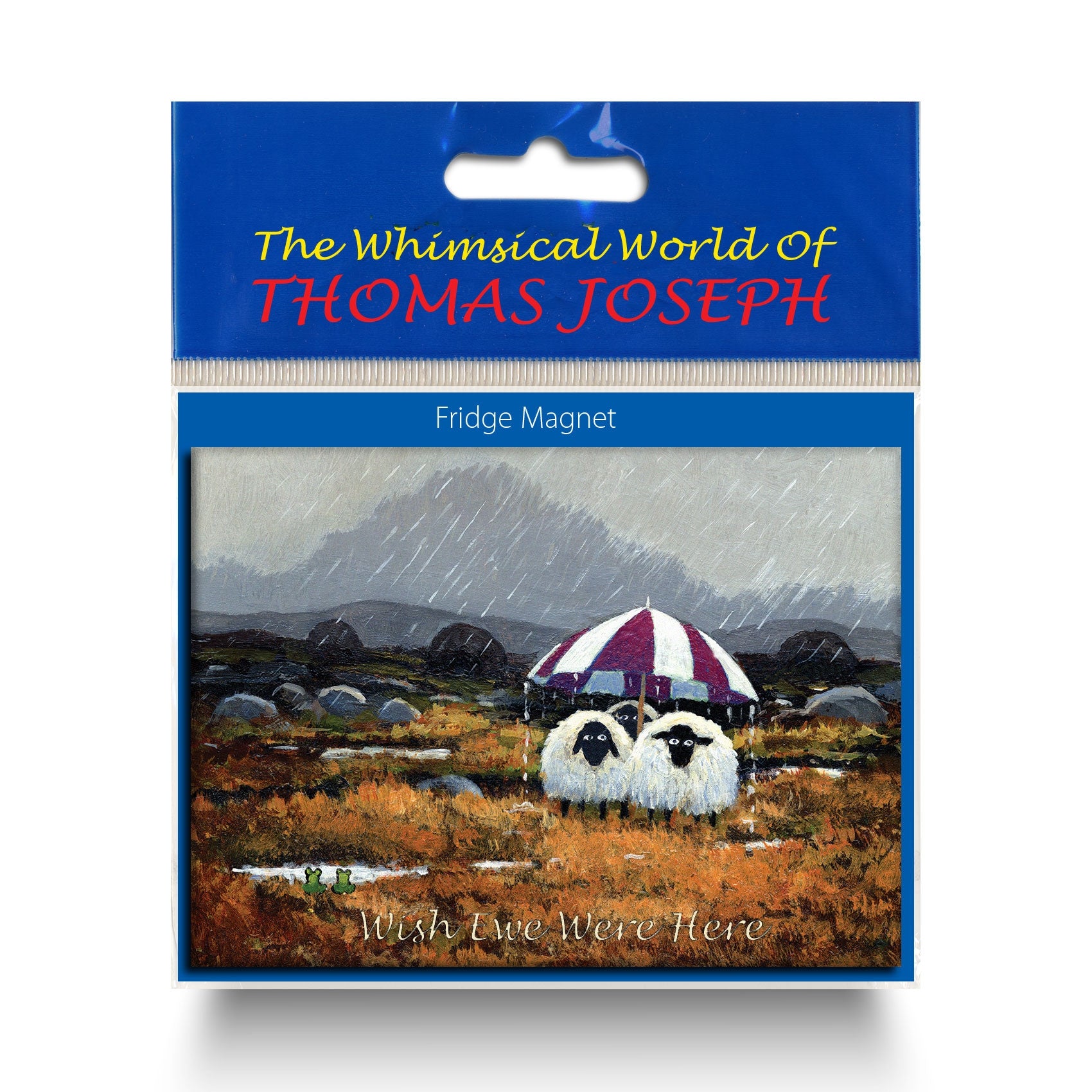 Refrigerator magnet with sheep standing under umbrella sheltering from the pouring rain