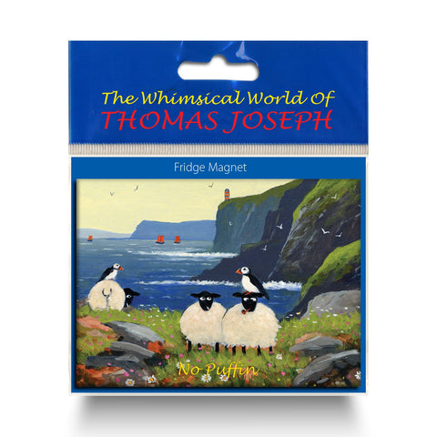 Refrigerator magnet showing puffin birds sitting on the heads of sheep