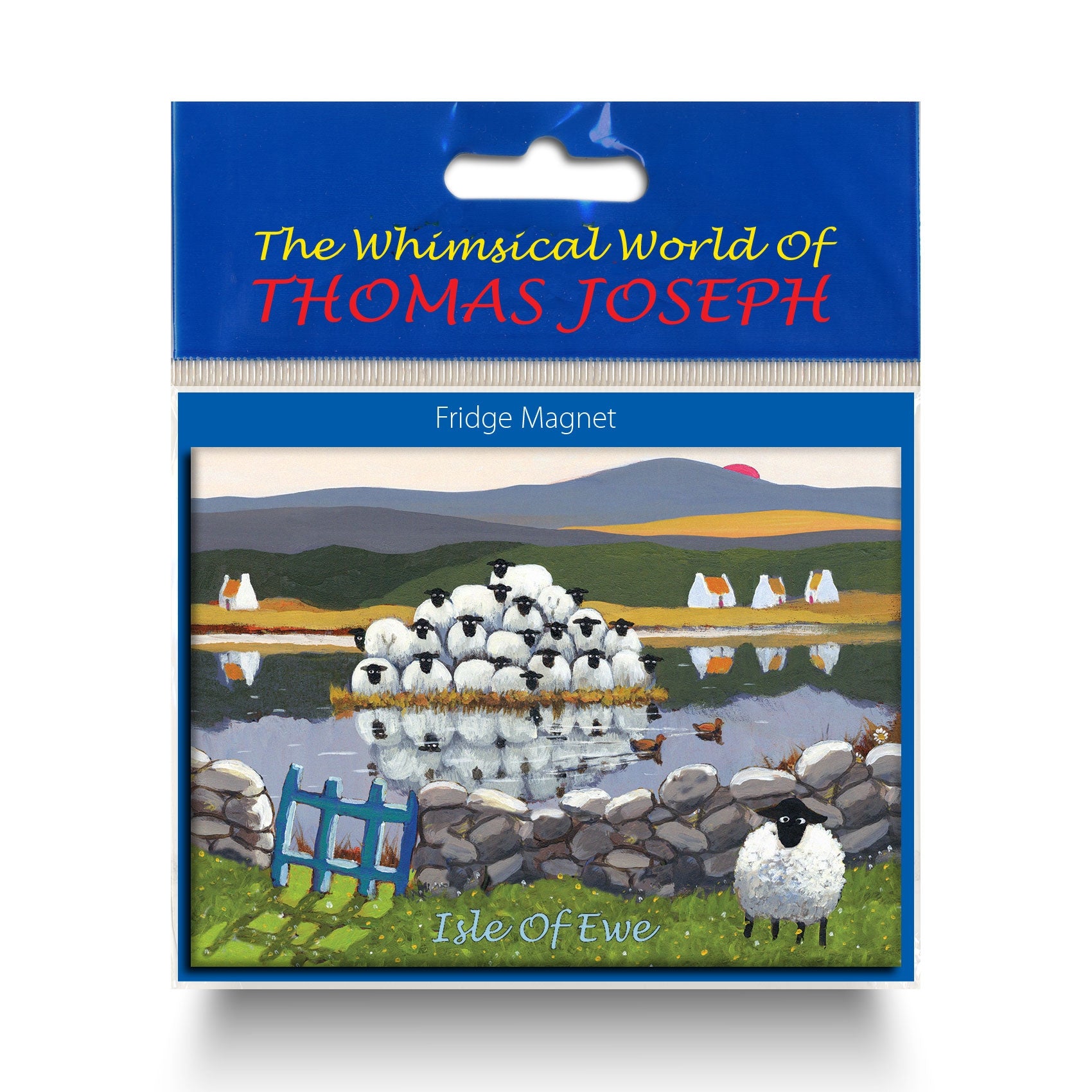 Refrigerator magnet showing sheep on each others backs on an island