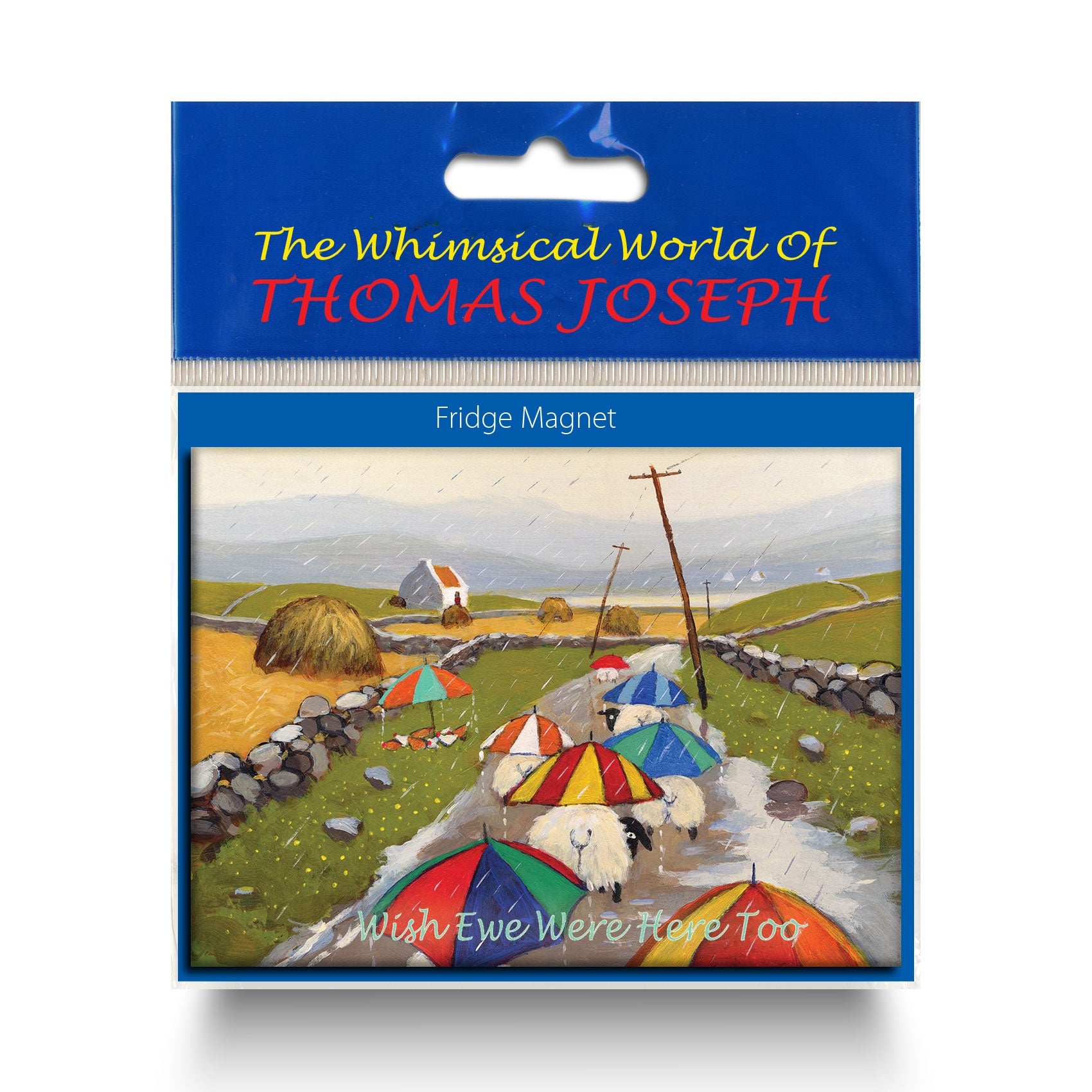Refrigerator magnet showing sheep with umbrella walking down a country road