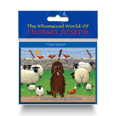 Refrigerator magnet showing dog with tongue sticking out surrounded by sheep