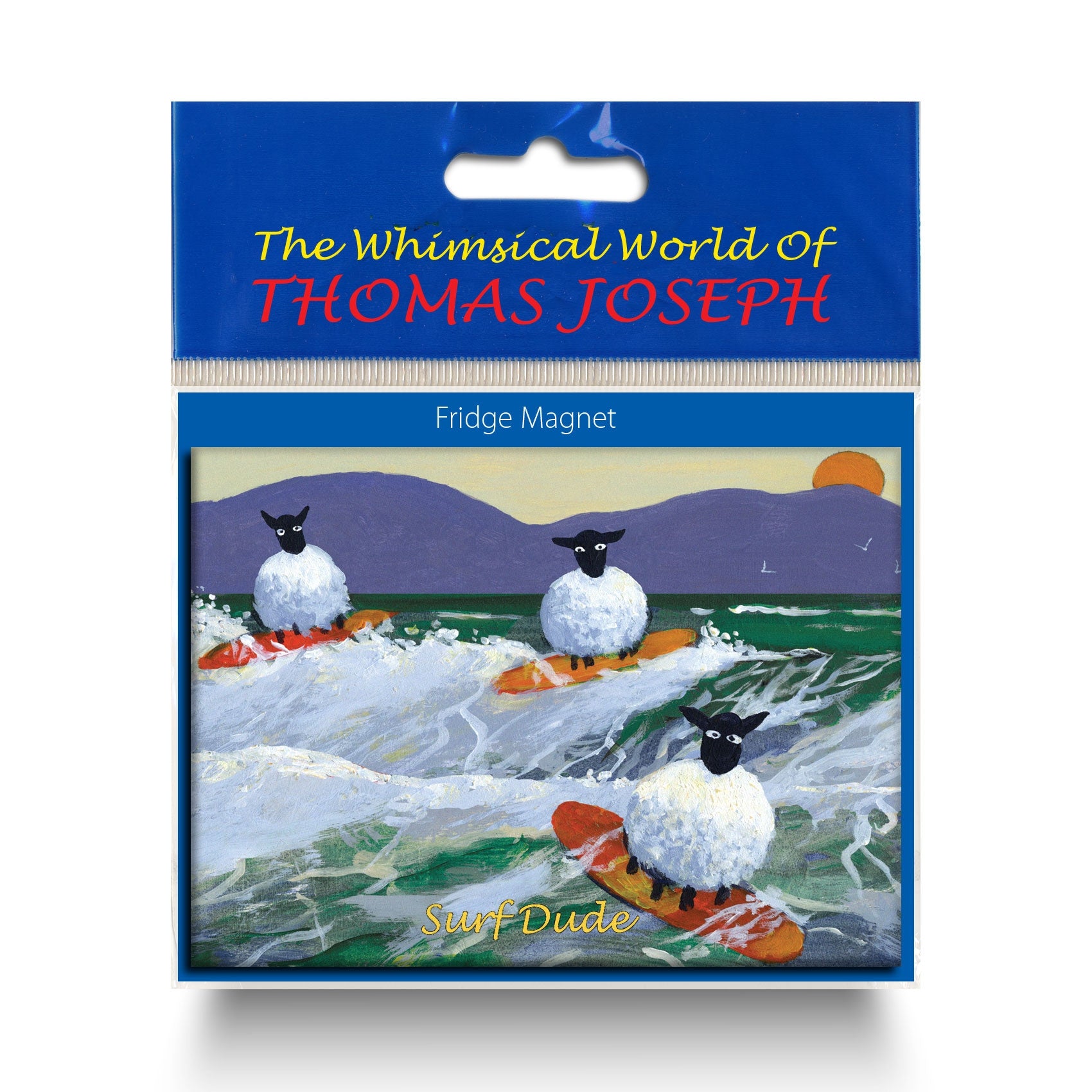 Refrigerator magnet showing sheep surfing rough waves